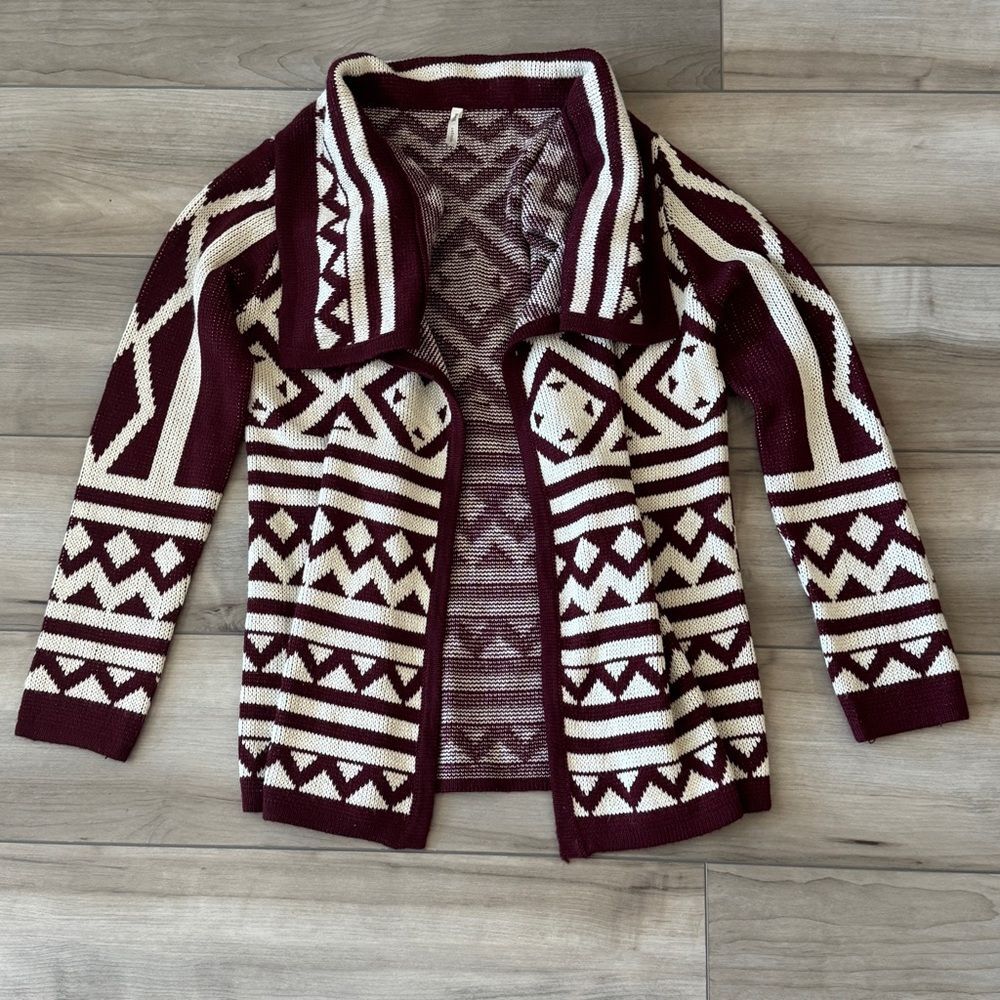 Kate Collection Women's Burgundy and Cream Geometric Cardigan Size Small